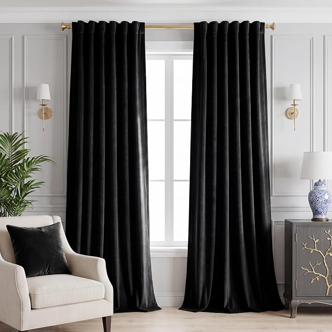 Blackout Black Velvet Curtains Extra Long Theater, Back Tab Pinch Pleat by StangH
