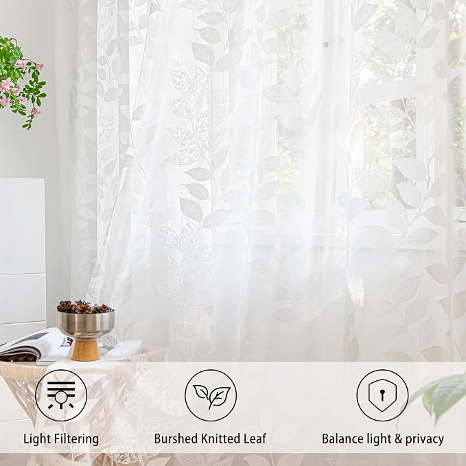 Treatmentex White Lace Sheer Curtains 63inch Vintage Leaf Knitted Window - Image 5