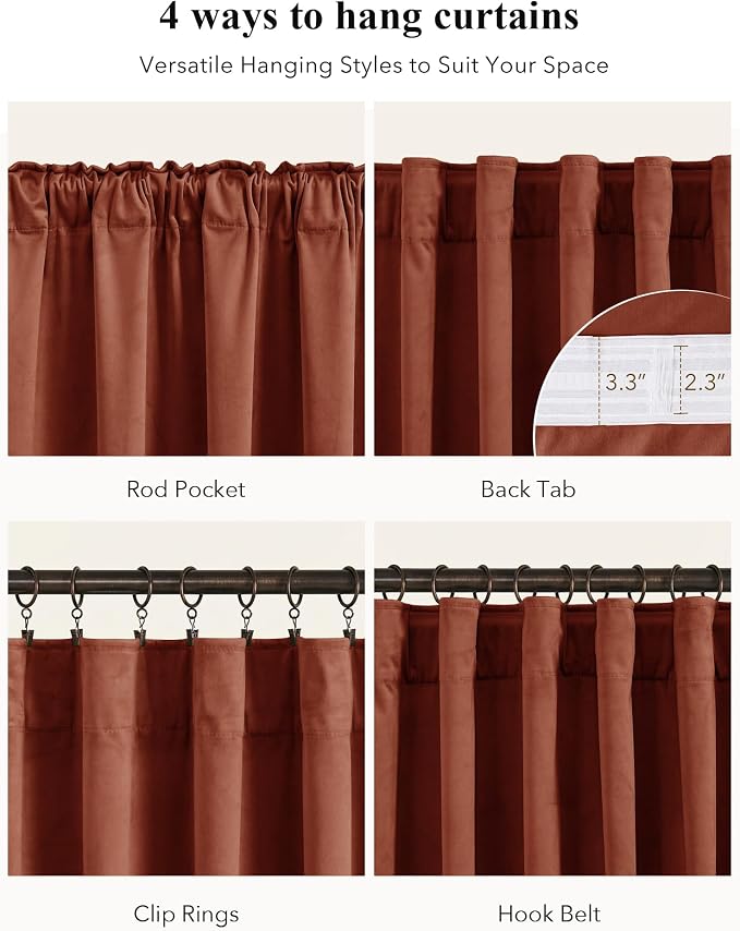 Rust Red Velvet Curtains for Christmas Decor, W52 x L108, 2 Panels | Back Tab - Image 2