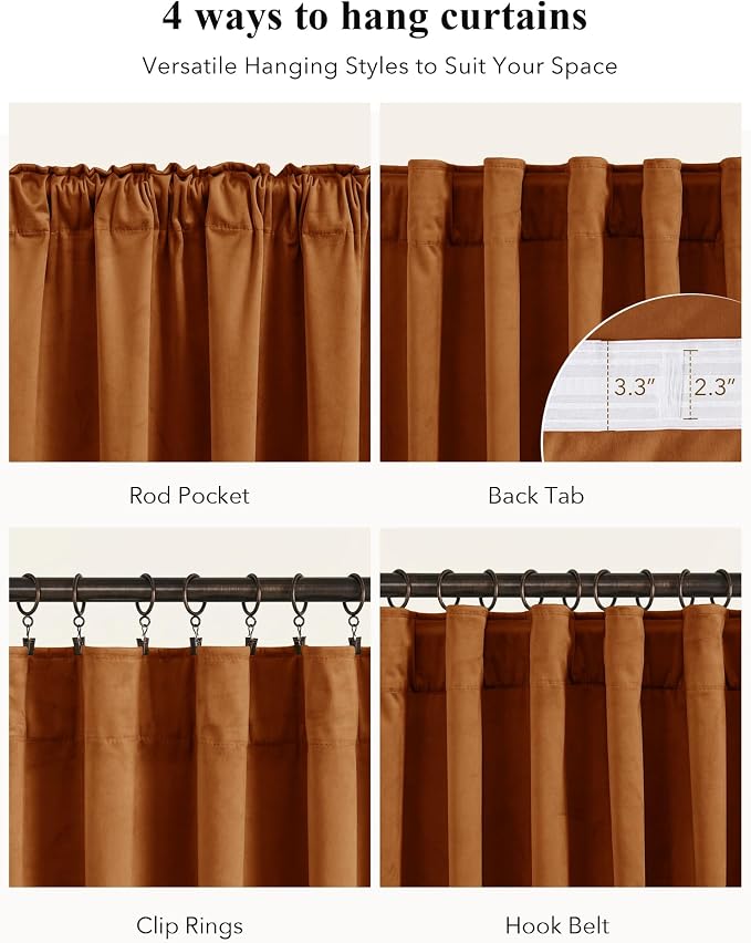 Burnt Orange Velvet Curtains Back Tab Extra Long, Window Back Tab Extra Long - Image 2