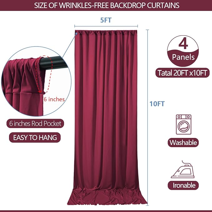 ESGOTBME 20x10ft Wrinkle Free ‌Burgundy Backdrop Curtain - Image 3