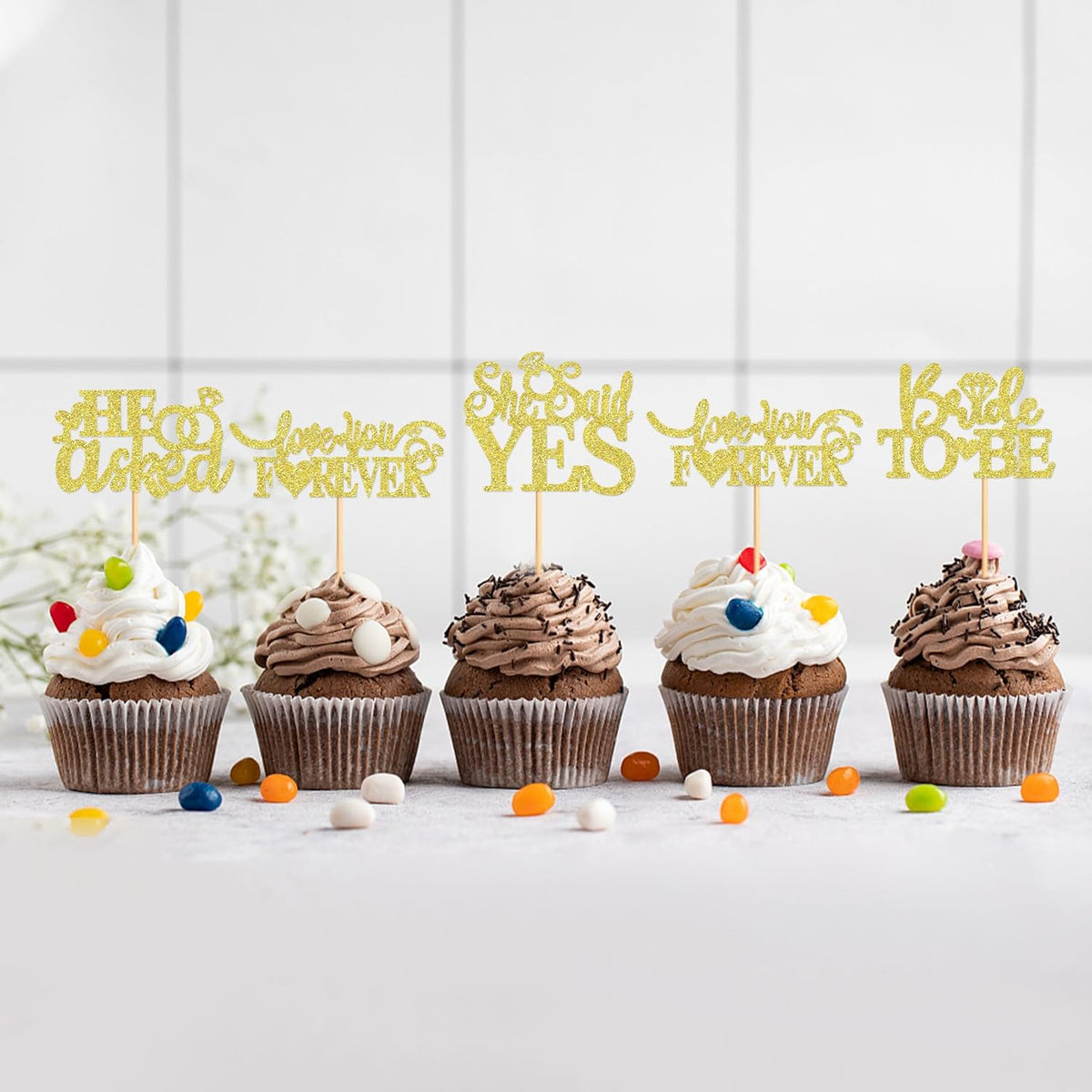 24 Pcs He Asked She Said Yes Cupcake Toppers Cake Picks for Wedding Engagement Party Cake Picks for Wedding Bridal Shower Party Cake Decorations golden