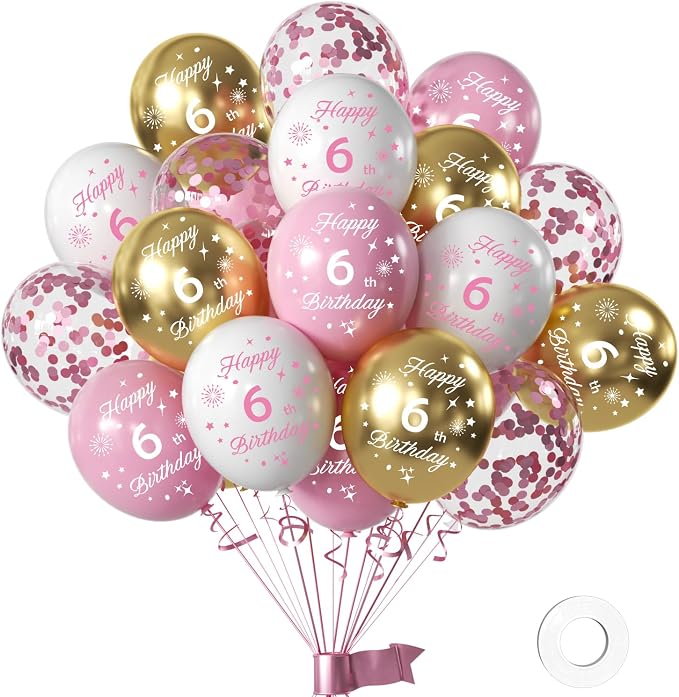 Pink Gold 6th Birthday Balloons by Hongplus