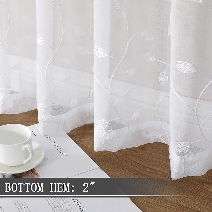 Tollpiz Leaves Short Sheer Curtain White Leaf Embroidery Living Room Curtains - Image 4