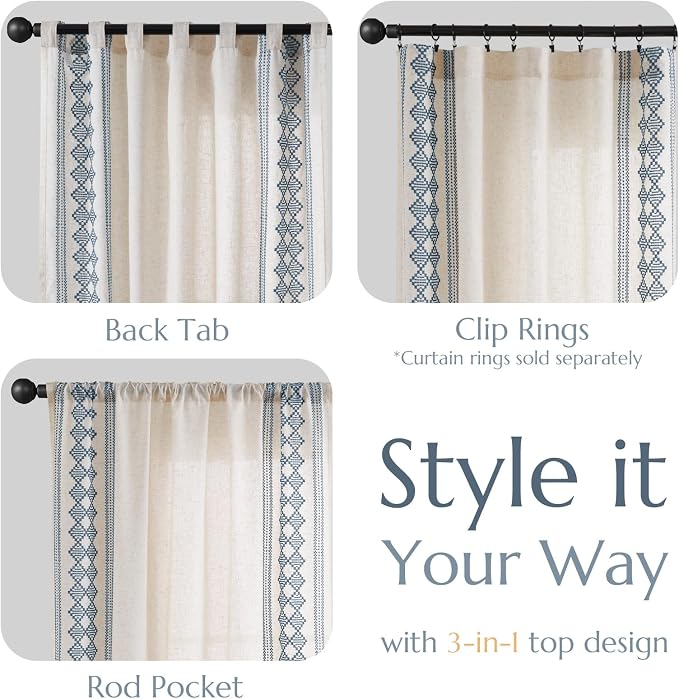 jinchan Floral Linen Curtains Embroidered Back Tab 50x84in 2 Panels Blue | - Image 6