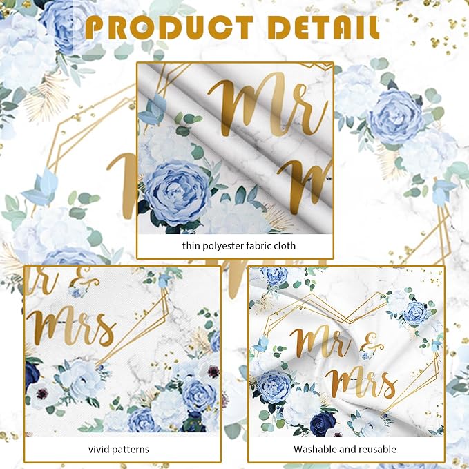 AIBIIN 7x5ft Blue Mr and Mrs Wedding Backdrop, Floral Hearts Geometric | Blue - Image 7