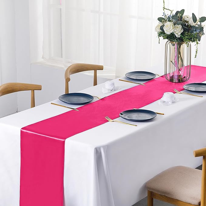 SiinvdaBZX 4 Pcs Hot Pink Satin Table Runner 12 x 108 inches Long | Bright - Image 2