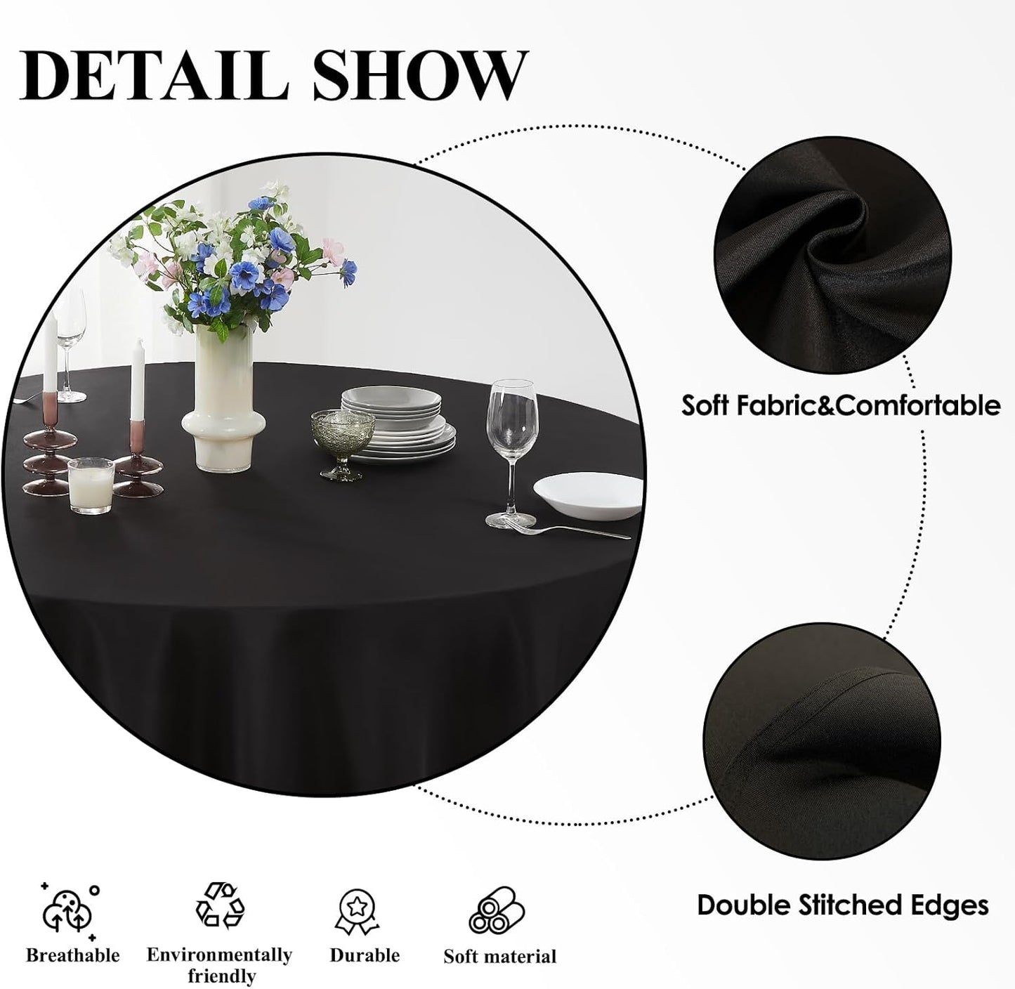 Round Tablecloth 132 Inch 6 Pack Black Tablecloths Washable Decorative Linen Polyester Table Clothes Cover for Dining Table Banquets Buffet Parties and Wedding