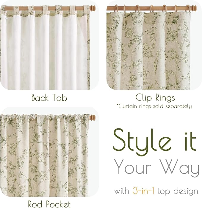 Green Floral Linen Lined Curtains Rod Pocket 50W X 63L 2 Panels | Charlotte - Image 6