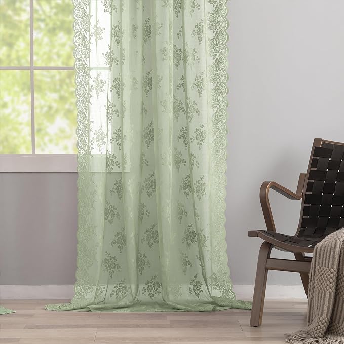 Kotile Vintage Sage Green Lace Curtains - Image 6