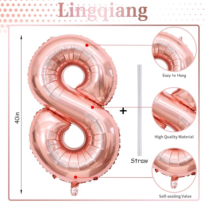 Rose Gold 8 Balloons, 40 Inch Large Foil Number Balloons Set 0-9, Self - Image 2
