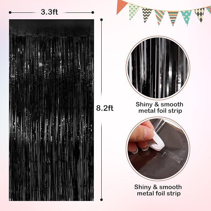 Black Metallic Tinsel Foil Fringe Curtains, 4 Pack 3.3x8.3 Feet Party Streamer - Image 2