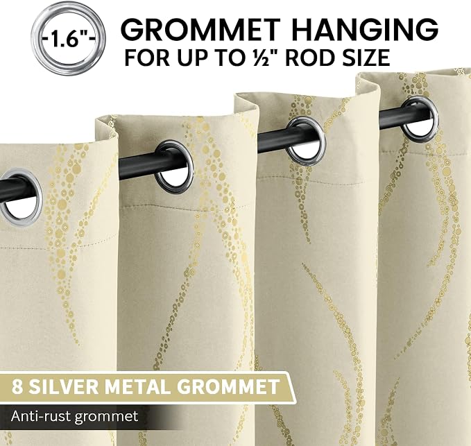 Yakamok Cream Light Blocking Curtains 72 Inches Long Gold Print Wide 52" | Gold - Image 3