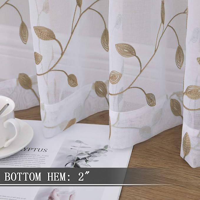 Tollpiz Leaves Short Sheer Curtain Taupe Leaf Embroidery Living Room Curtains - Image 4