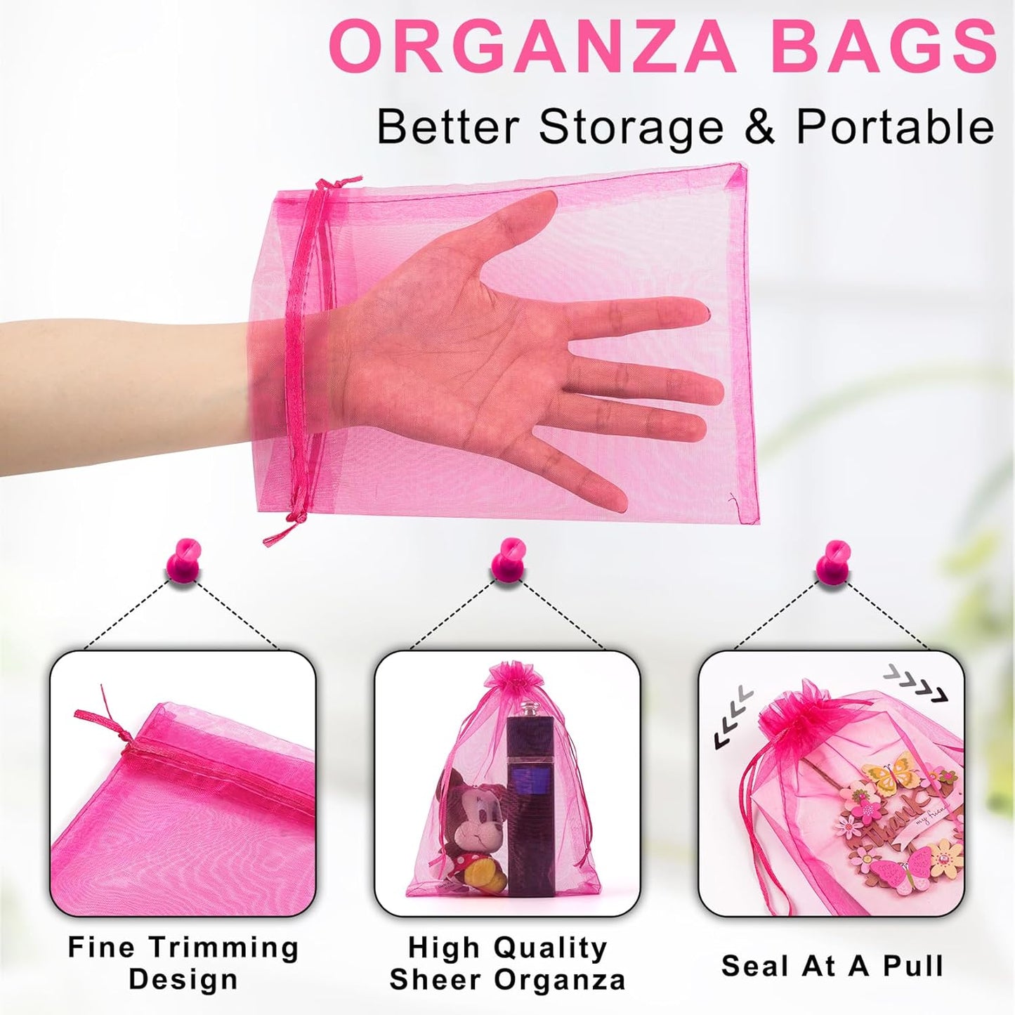 ANZNKU 100 Pcs Sheer Organza Bags 6x9 inches Mesh Drawstring Bag, Small Mesh Bag for Gifts, Large Organza Bags Drawstring for Wedding Party Favor Christmas(Hot Pink)