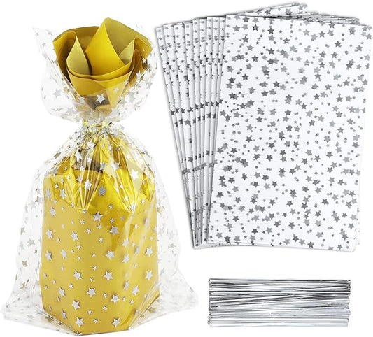 100 Pcs Star Printed 7"X 12" Gift Wrap Cello Cellophane Treat Bags Party Favor by COQOFA
