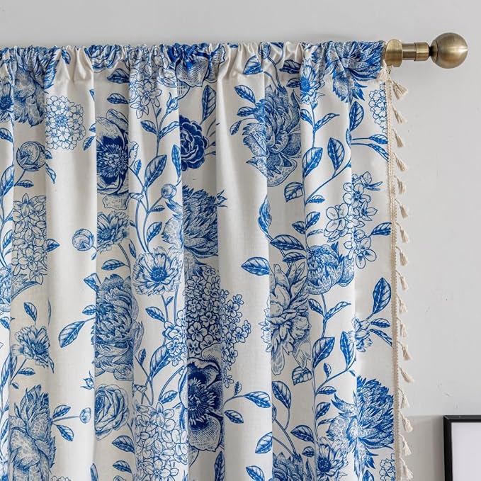 F-CHU Blue Floral Curtains Bohemian Drapes 72 Inch Length Cotton Linen Boho - Image 3