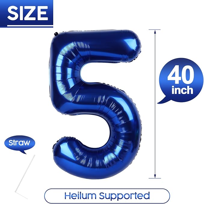 5 Balloon - Night Blue Birthday Number Balloons, 40 Inch Party Decorations | - Image 5