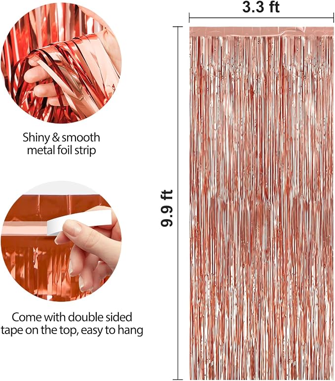 Crosize 2 Pack 3.3 x 9.9 ft Rose Gold Foil Fringe Backdrop Curtain, Streamer - Image 2