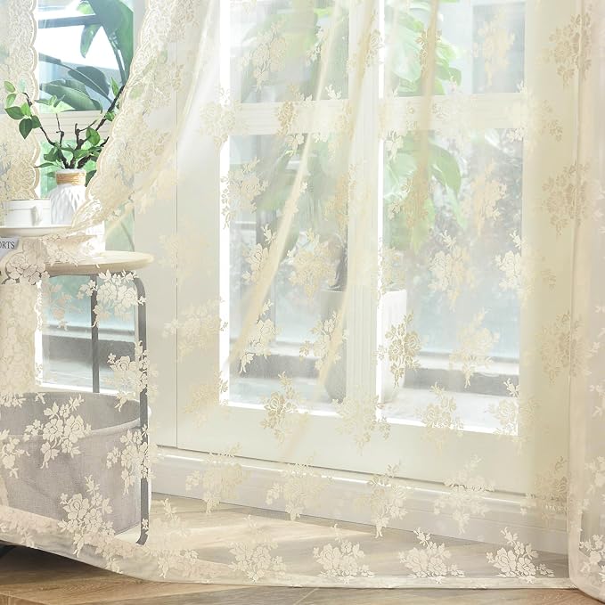 Kotile Beige Lace Floral Curtains by Kotile+Curtains