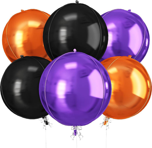 Black Orange Purple Halloween Foil Balloons, 6Pcs 4D Large Metallic Helium Balloon, 22Inch Big Round Foil Balloon for Kids Halloween Birthday Graduation Wedding Baby Shower Disco Backdrop Supplies