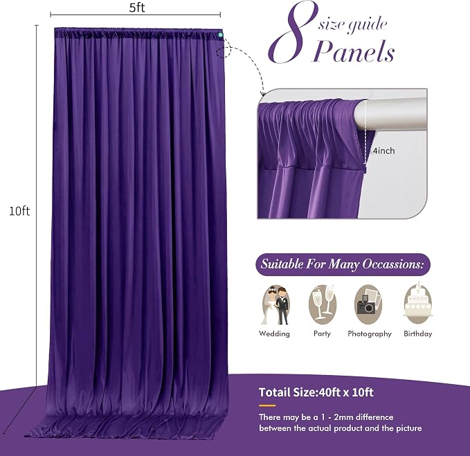 40 ft x 10 ft Wrinkle Free Purple Backdrop Curtain - Image 6