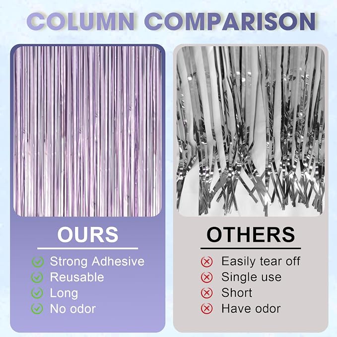 Voircoloria Light Purple Foil Fringe Backdrop Curtains, 3 Pack | Tinsel - Image 3