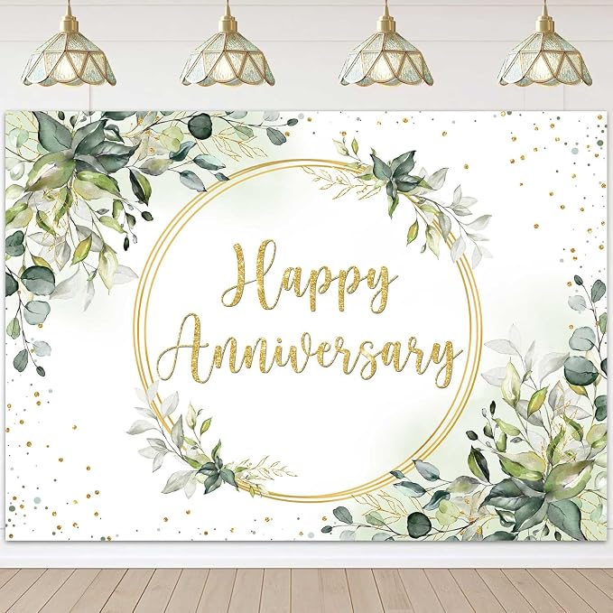 8x6ft Happy Anniversary Backdrop Sage Green Eucalyptus Wedding Anniversary by Sensfun