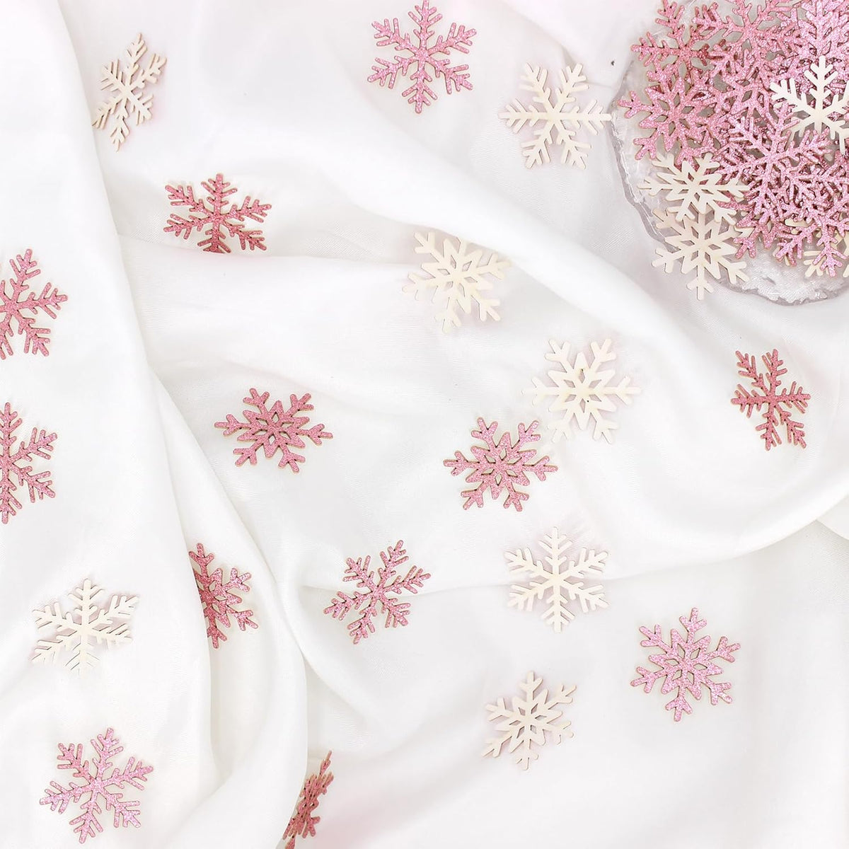 200PC Pink Glitter Snowflake Confetti Winter Onderland Decorations Paper Snowflakes Table Scatter for Winter Wonderland Birthday Baby Shower Party Decor