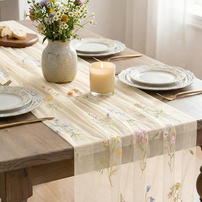 Artoid Mode Wildflower Floral Beige Apricot Gauze Embroidery Table Runner 120 - Image 4