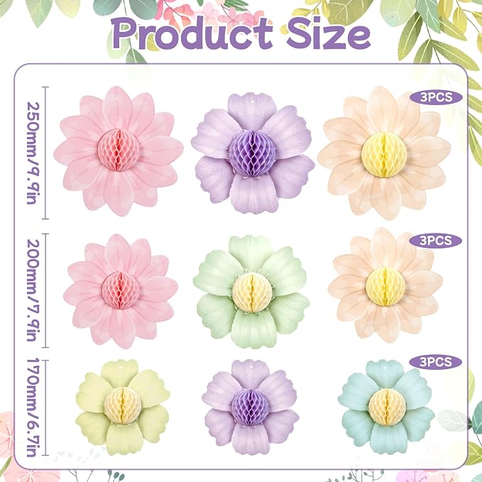 SUNBEAUTY 9 PCS Pastel Flower Party Decorations Flowers Honeycomb Fairy - Image 3