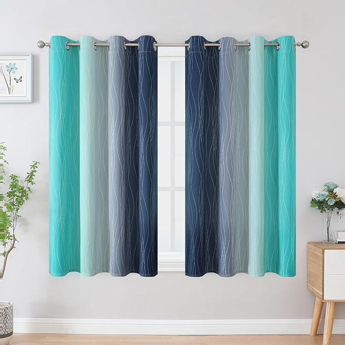 Navy Blue and Teal Blackout Curtains 54 Inch Length, Full Light Blocking - Image 2