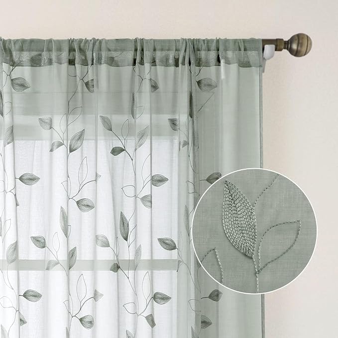 HOMEIDEAS Sage Green Sheer Curtains 52 X 63 Inches Length 2 Panels Embroidered - Image 5