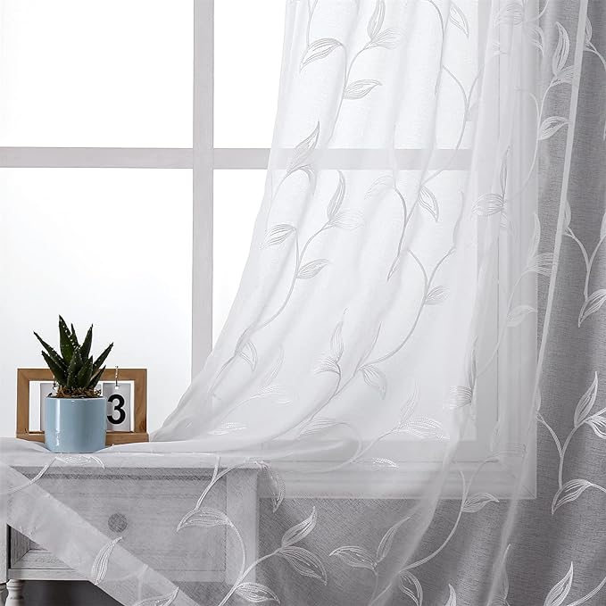 White Sheer Curtains Boho Leaf Floral Embroidered 54Wx72L | Light Filtering by VISIONTEX