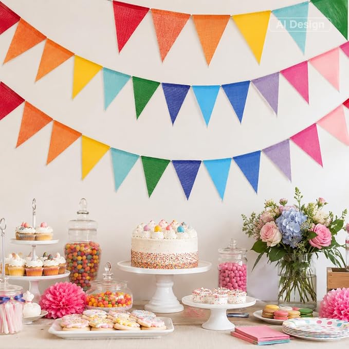 G2PLUS Pre-Strung Burlap Pennant Banner, 39Ft Rainbow Triangle Flag Bunting - Image 4