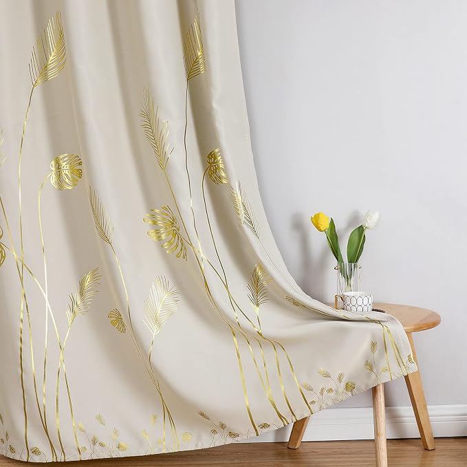 Tropical Leaves Window Curtains Grommet Gold Palm Tree Blackout Curtains Window - Image 7