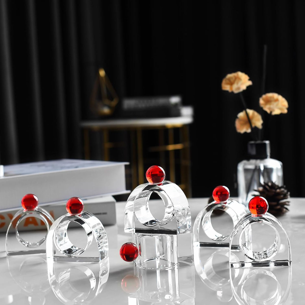 Crystal Napkin Rings Holder Silver Diamond Napkin Rings Pack of 6 Pieces with red Decor, Hotel Restaurant Wedding Party Holiday Banquet Dining Table Decor