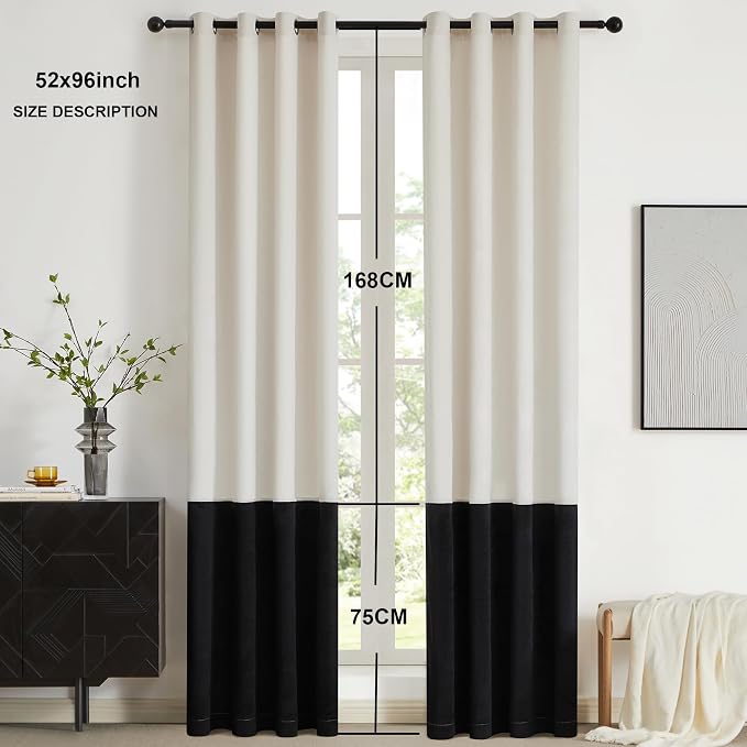 Modern Cream White Black Decorative Velvet Curtains 96 inches 2 Panels | Color - Image 6