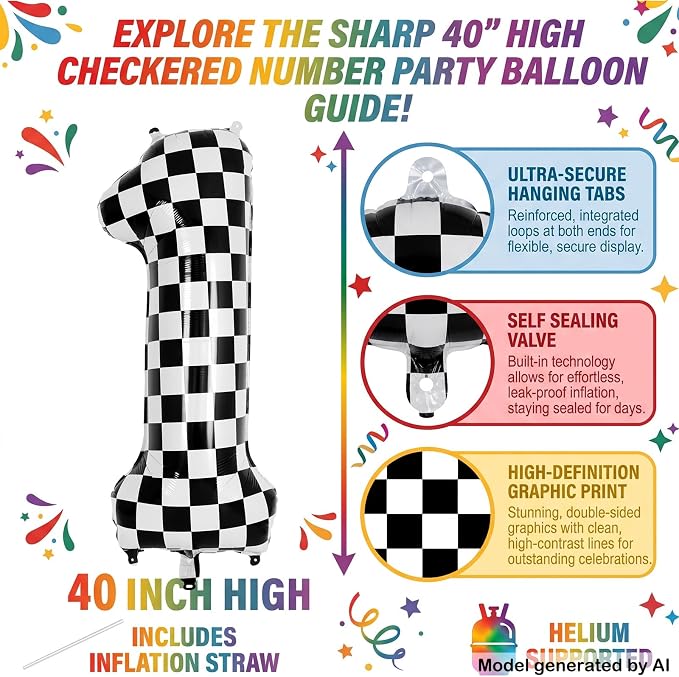 40" Checkered Number 1 Balloon for 1th Race Theme Birthday Party Supplies | 40 - Image 2