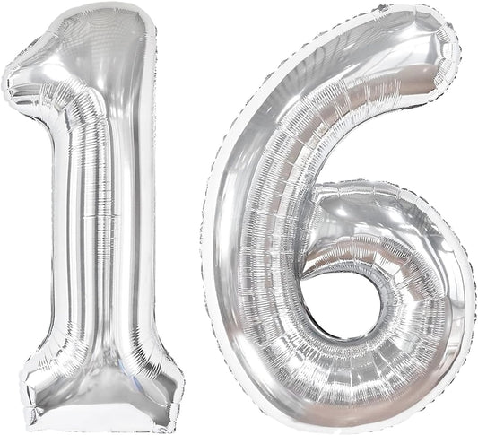 40 Inch Silver Mylar Foil Number 16 Birthday Balloon, Digital Balloons for 16 Boy Girl Party Decorations Supplies, Big Helium Balloon Numbers for 61 Men Women Anniversary