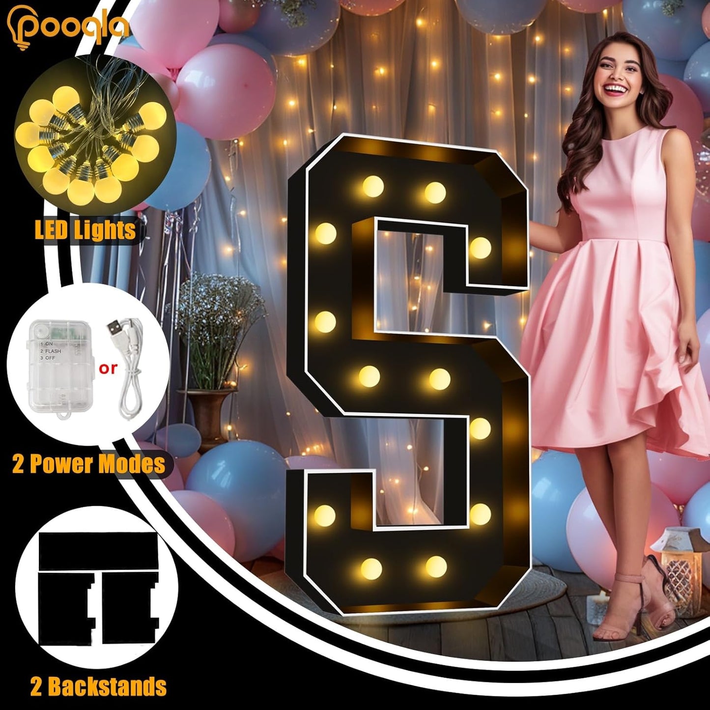 Pooqla 4 FT Marquee Light Up Letters, Black Marquee Letter Lights 4 Feet Tall, Giant Letter Sign Big Mosaic Letters for Balloons Birthday Party Anniversary Wedding Decorations, Warm White Letter R