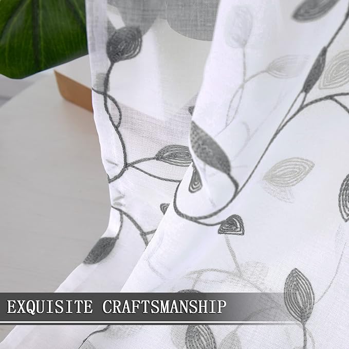 Tollpiz Leaves Sheer Curtain Grey Leaf Embroidery Bedroom Curtains Rod Pocket - Image 6