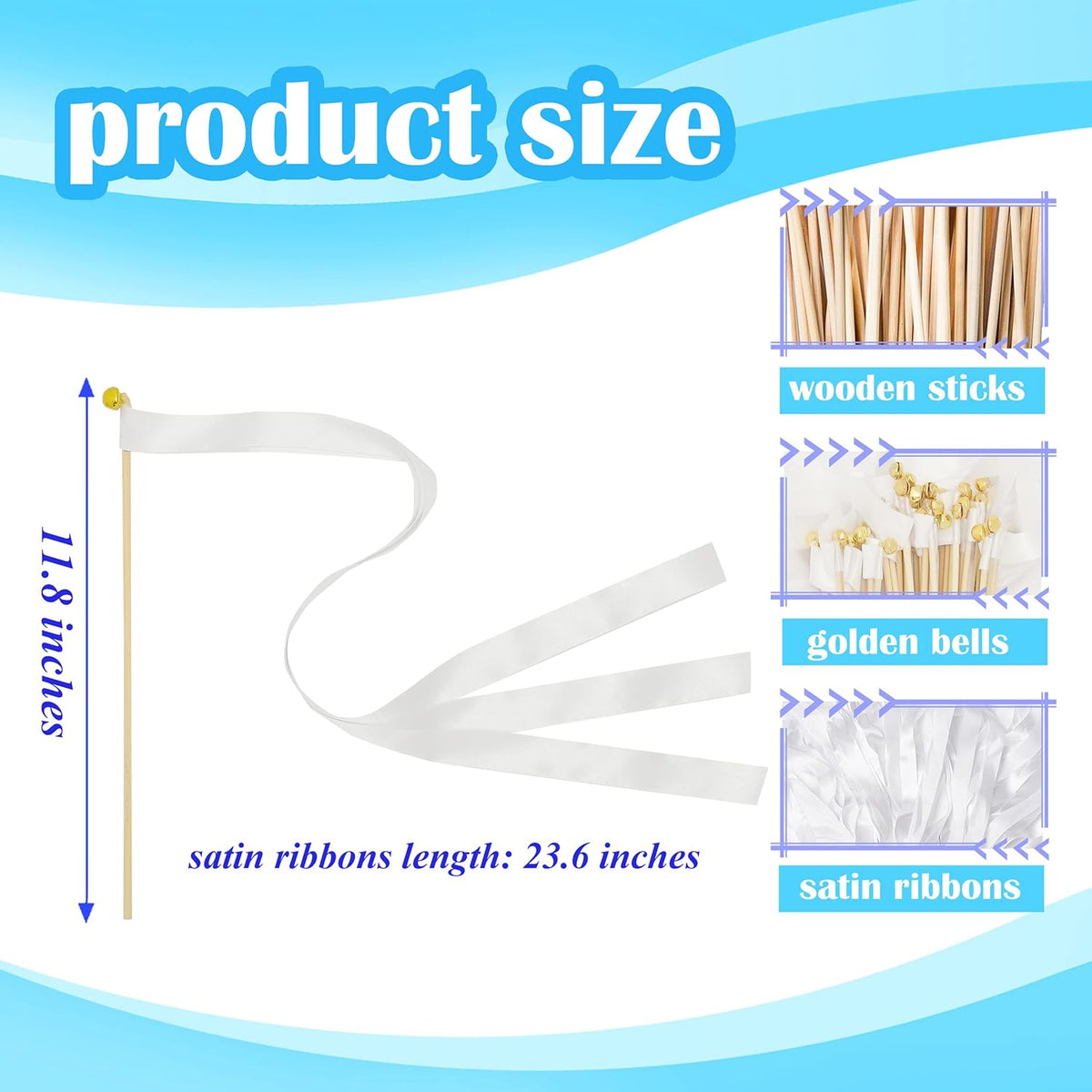 60 Pieces Wedding Colorful Ribbon with Bells, Party Ribbons Streamers Sticks Magic Wish Fairy Wand for Wedding Party Holiday Activities Favors (White-60)