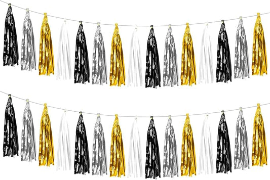 2 Pack Black Sliver Gold Metallic Tassel Garland, Foil Fringe Banner Streamers by Unknown