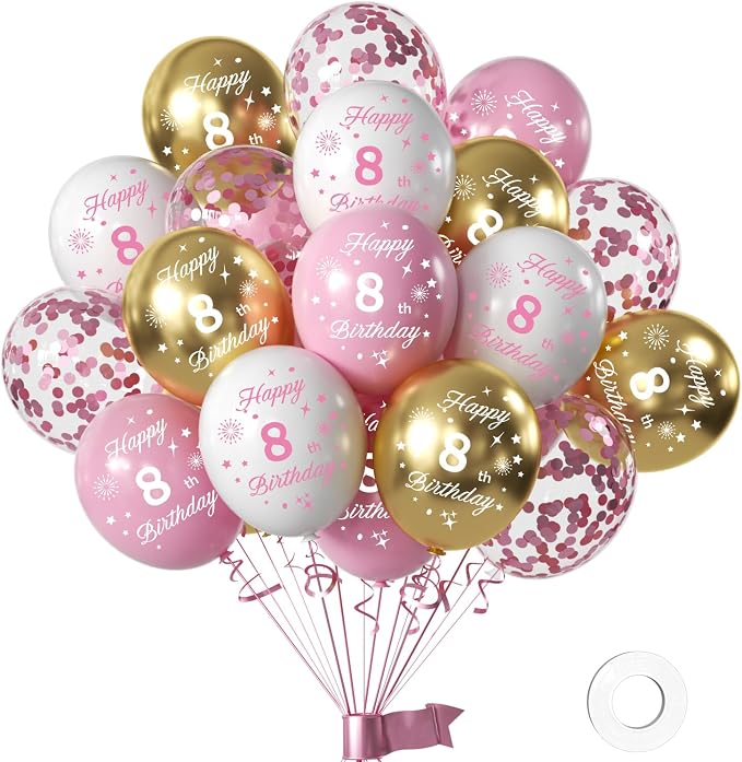 Pink 8th Birthday Balloons for Girls by Hongplus
