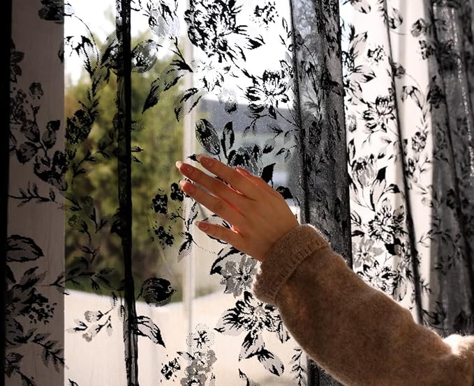 Black Floral Lace Curtains for Bedroom Living Room, French Light Filtering - Image 3