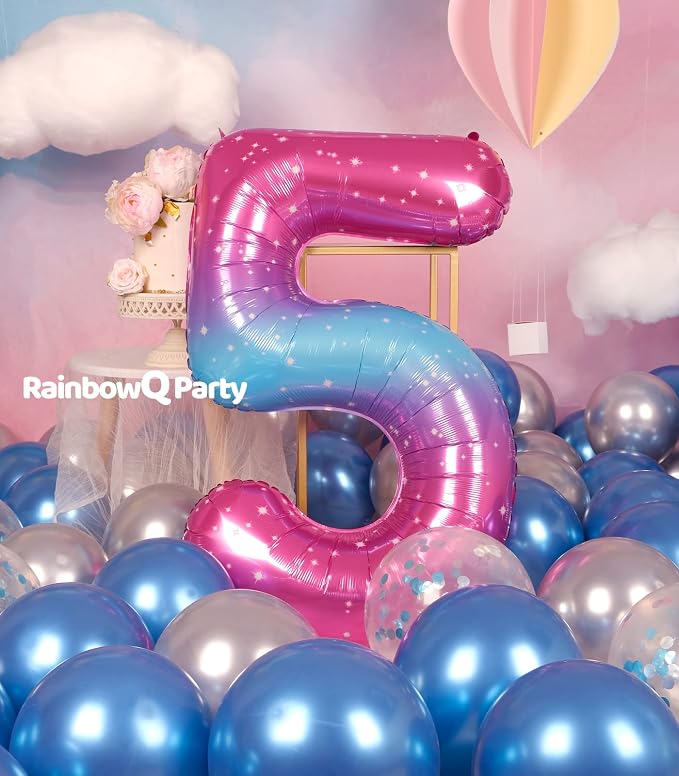 RainbowQ Blue Pink 5 Balloon Number 40 Inch Big 0-10 Foil Large Balloon | - Image 2