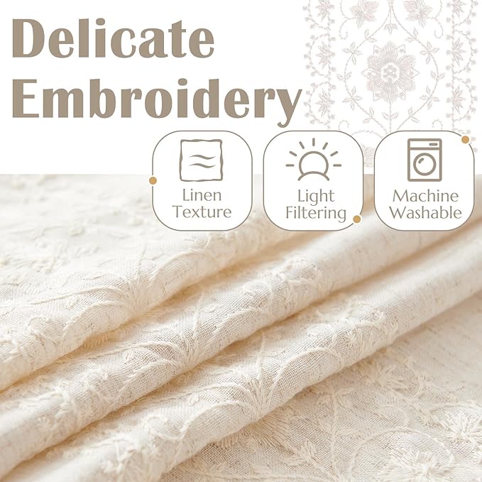 jinchan Floral Linen Curtains Embroidered Back Tab 50x63in 4 Panels Ivory | - Image 4
