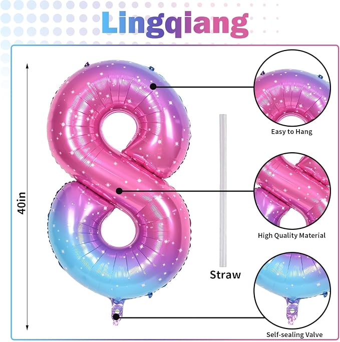 40 Inch Rainbow Foil Balloon Number 8, Giant Self Inflating Gradient Blue Pink - Image 2
