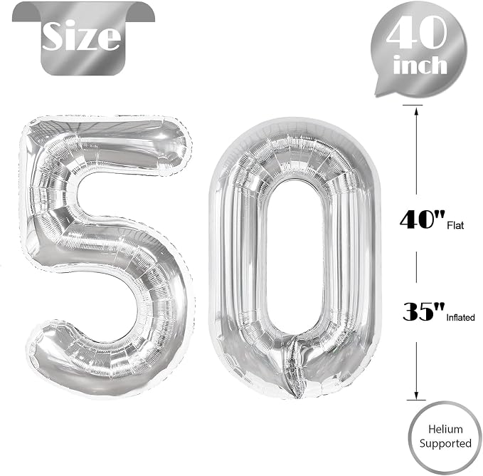 Silver Number 50 Balloon 40 Inch, 50th Birthday Decorations Men Women | Foil - Image 5